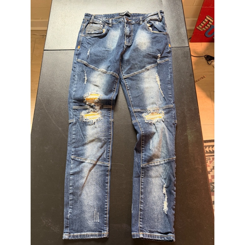Blac Leaf Mens Moto Distressed Slim Fit Jeans Blue 36x34 Distressed Paneled Knee